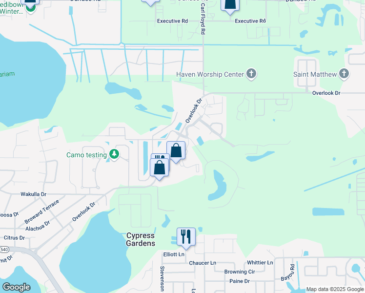 map of restaurants, bars, coffee shops, grocery stores, and more near 440 El Camino Drive in Cypress Gardens