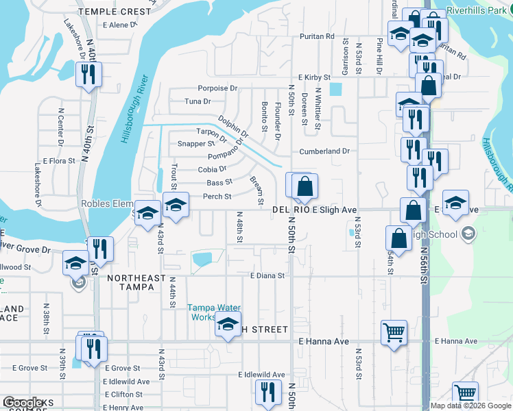 map of restaurants, bars, coffee shops, grocery stores, and more near 4810 East Sligh Avenue in Tampa