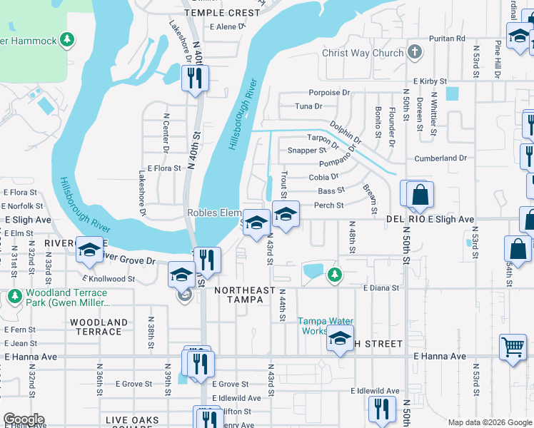 map of restaurants, bars, coffee shops, grocery stores, and more near 6902 Trout Street in Tampa