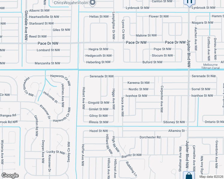 map of restaurants, bars, coffee shops, grocery stores, and more near 550 Higgs Avenue Northwest in Palm Bay