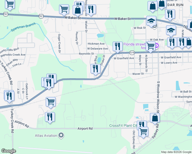 map of restaurants, bars, coffee shops, grocery stores, and more near 3 North Lake Boulevard in Plant City