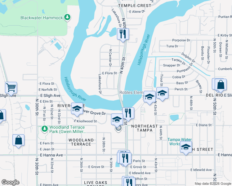 map of restaurants, bars, coffee shops, grocery stores, and more near 3820 Lakeshore Drive in Tampa