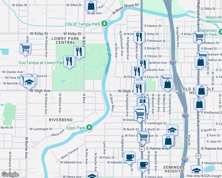 map of restaurants, bars, coffee shops, grocery stores, and more near 6903 North River Boulevard in Tampa