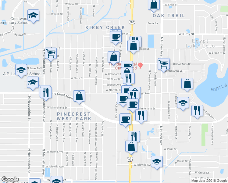 map of restaurants, bars, coffee shops, grocery stores, and more near 3905 West Sligh Avenue in Tampa