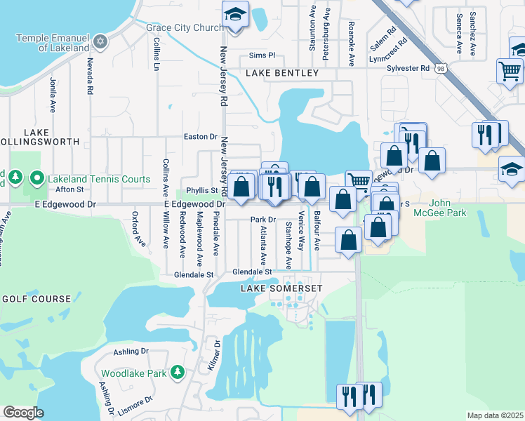 map of restaurants, bars, coffee shops, grocery stores, and more near 1707 East Edgewood Drive in Lakeland