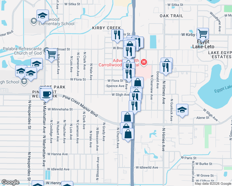 map of restaurants, bars, coffee shops, grocery stores, and more near 3905 West Sligh Avenue in Tampa