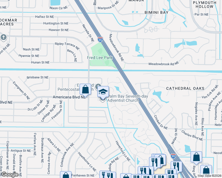 map of restaurants, bars, coffee shops, grocery stores, and more near 344 Holiday Park Boulevard Northeast in Palm Bay