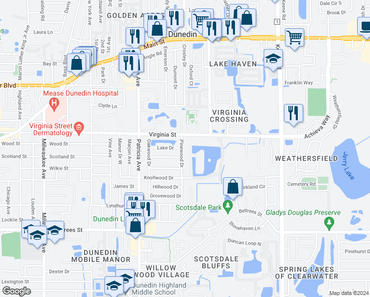 map of restaurants, bars, coffee shops, grocery stores, and more near 757 Pinewood Drive in Dunedin