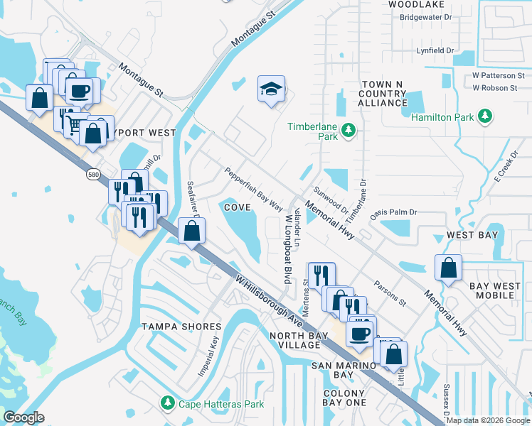 map of restaurants, bars, coffee shops, grocery stores, and more near 6716 Ranger Drive in Tampa