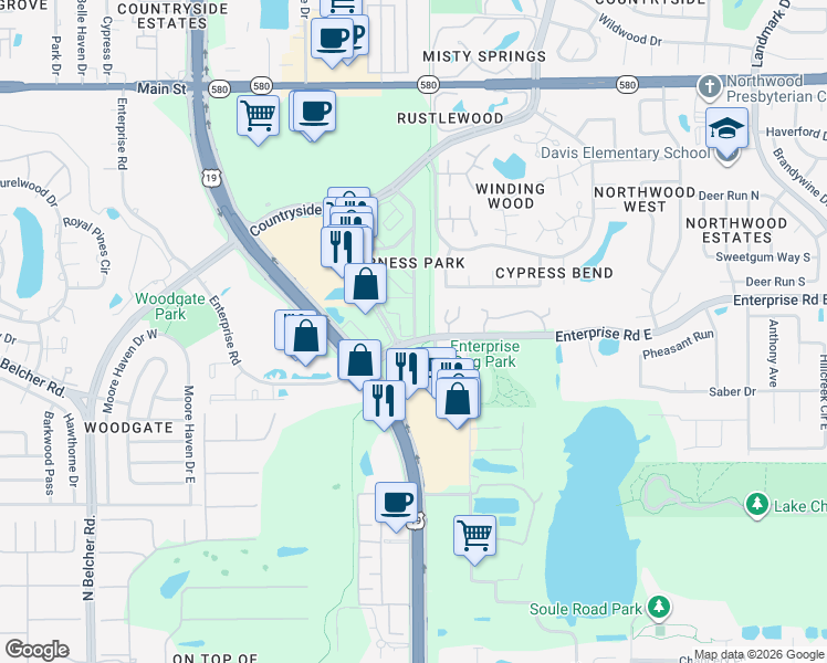 map of restaurants, bars, coffee shops, grocery stores, and more near 2599 Countryside Boulevard in Clearwater