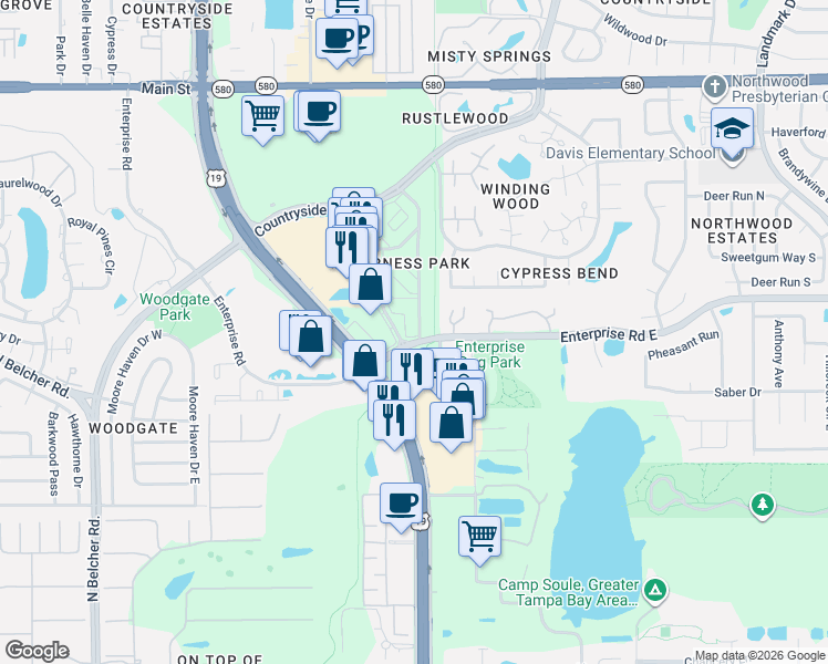 map of restaurants, bars, coffee shops, grocery stores, and more near 2599 Countryside Boulevard in Clearwater