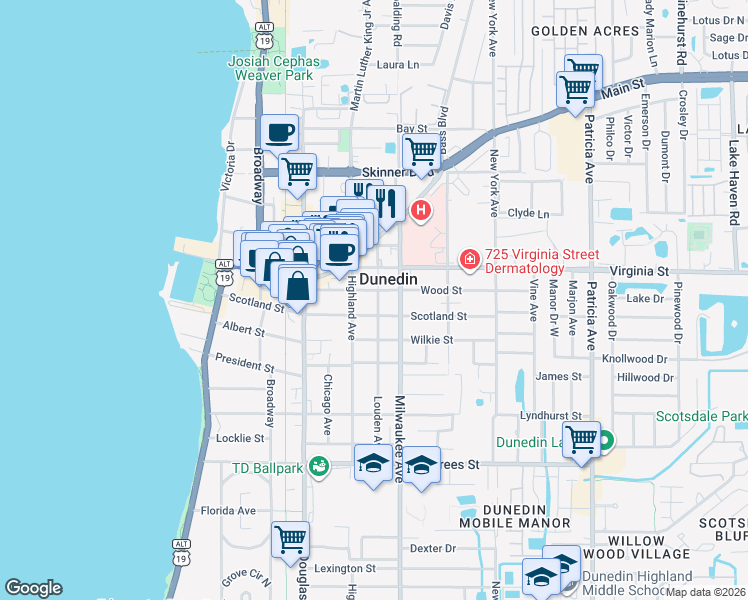 map of restaurants, bars, coffee shops, grocery stores, and more near 525 Wood Street in Dunedin