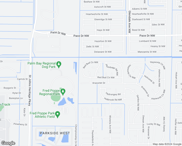 map of restaurants, bars, coffee shops, grocery stores, and more near 561 Boxthorn Avenue Northwest in Palm Bay