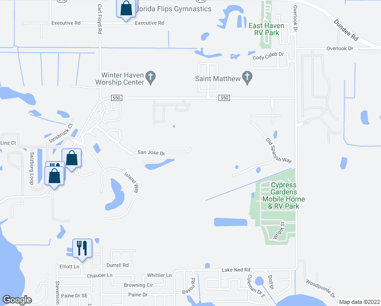 map of restaurants, bars, coffee shops, grocery stores, and more near 381 San Jose Drive in Winter Haven