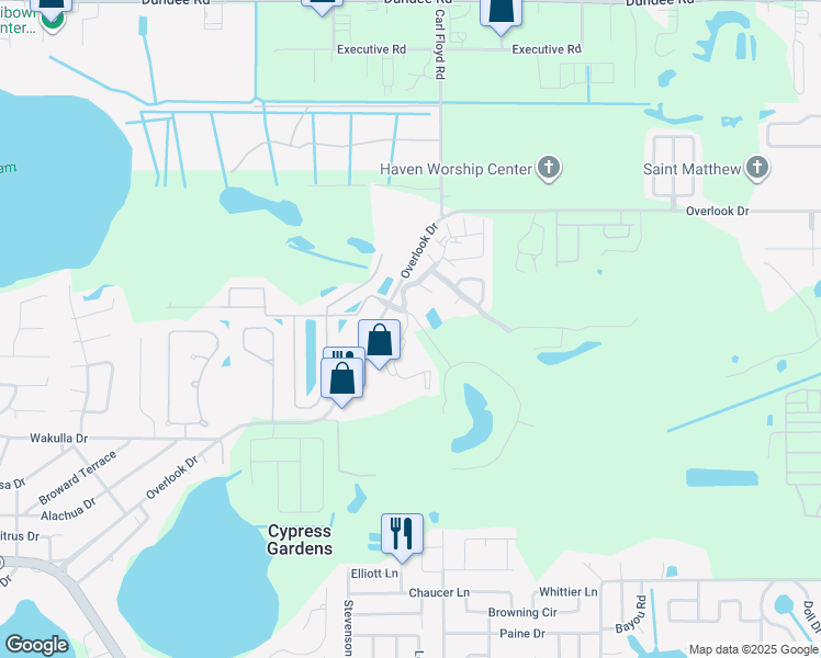 map of restaurants, bars, coffee shops, grocery stores, and more near 200 El Camino Drive in Winter Haven
