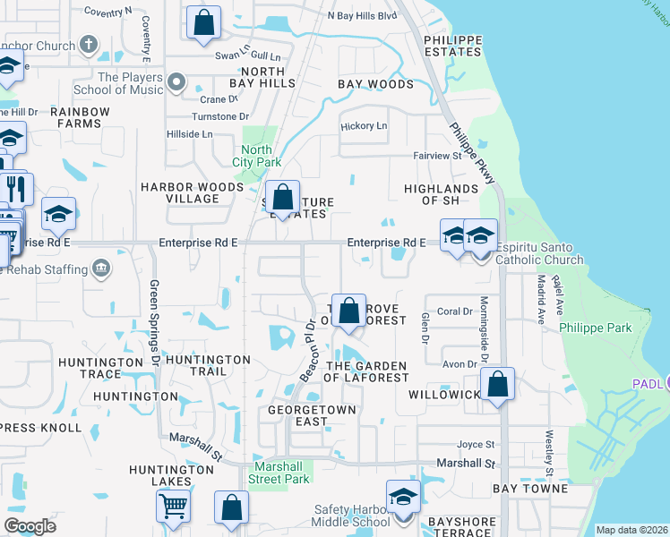 map of restaurants, bars, coffee shops, grocery stores, and more near 2404 Country Trails Dr in Safety Harbor