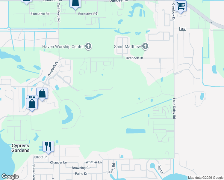 map of restaurants, bars, coffee shops, grocery stores, and more near 381 San Jose Drive in Winter Haven