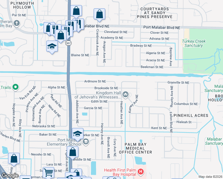 map of restaurants, bars, coffee shops, grocery stores, and more near 1896 Brookside Street Northeast in Palm Bay