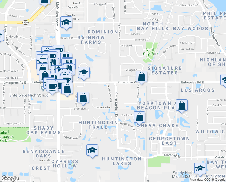 map of restaurants, bars, coffee shops, grocery stores, and more near 2415 Huntington Boulevard in Safety Harbor
