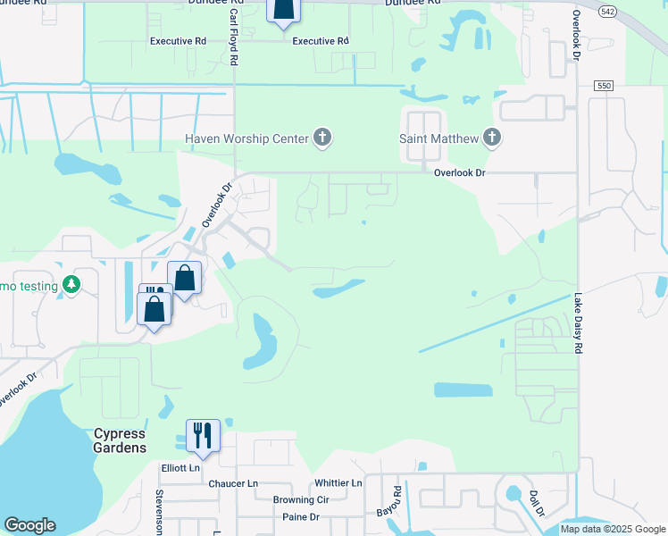 map of restaurants, bars, coffee shops, grocery stores, and more near 386 San Jose Drive in Winter Haven