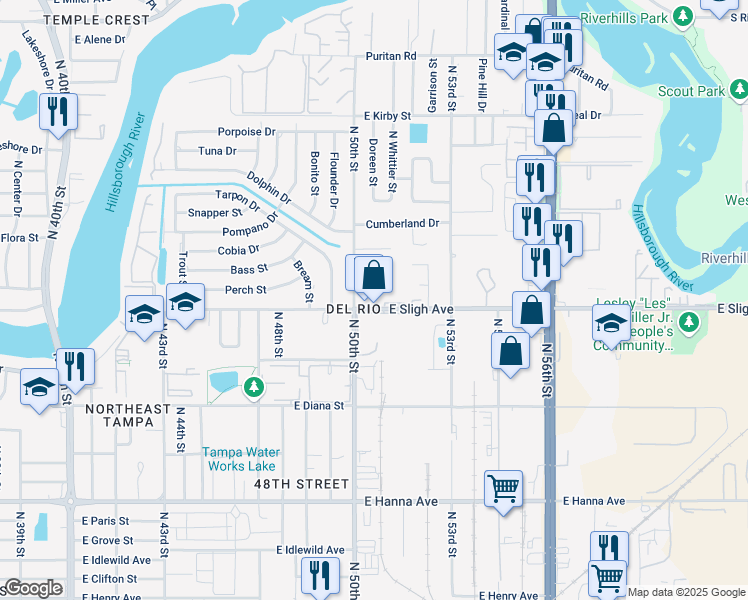 map of restaurants, bars, coffee shops, grocery stores, and more near 5018 East Sligh Avenue in Tampa