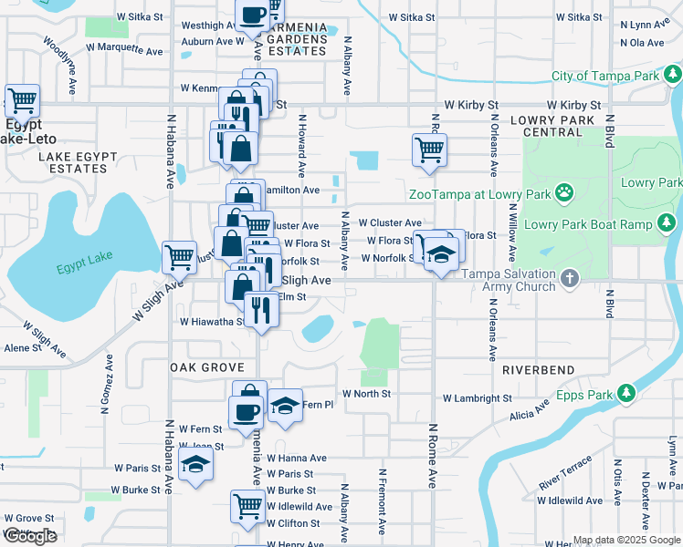 map of restaurants, bars, coffee shops, grocery stores, and more near 2101 West Sligh Avenue in Tampa
