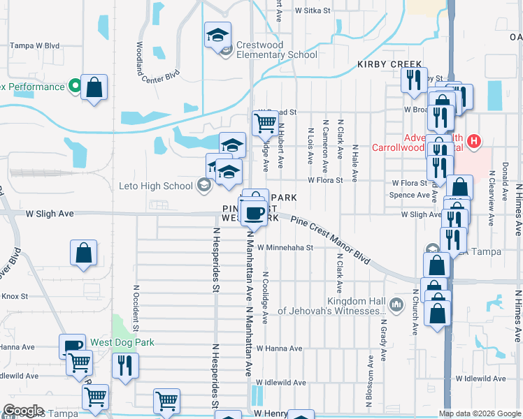 map of restaurants, bars, coffee shops, grocery stores, and more near 6904 North Coolidge Avenue in Tampa