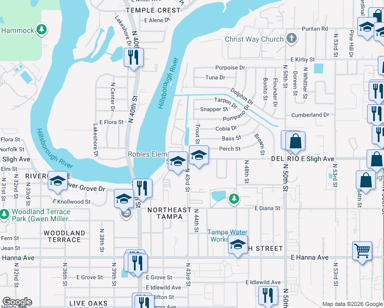 map of restaurants, bars, coffee shops, grocery stores, and more near 6902 Trout Street in Tampa