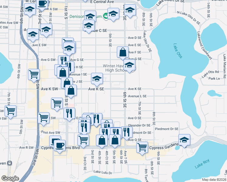 map of restaurants, bars, coffee shops, grocery stores, and more near 520 Avenue K Southeast in Winter Haven