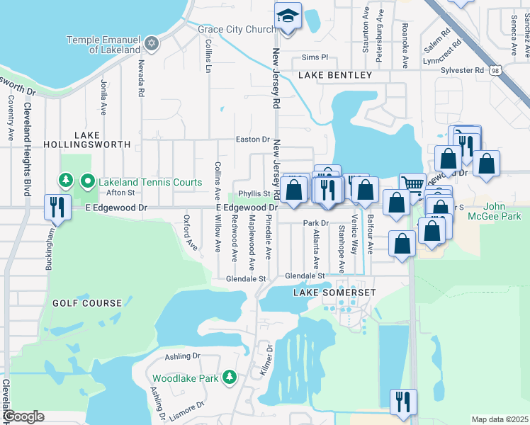 map of restaurants, bars, coffee shops, grocery stores, and more near 2905 Pinedale Avenue in Lakeland