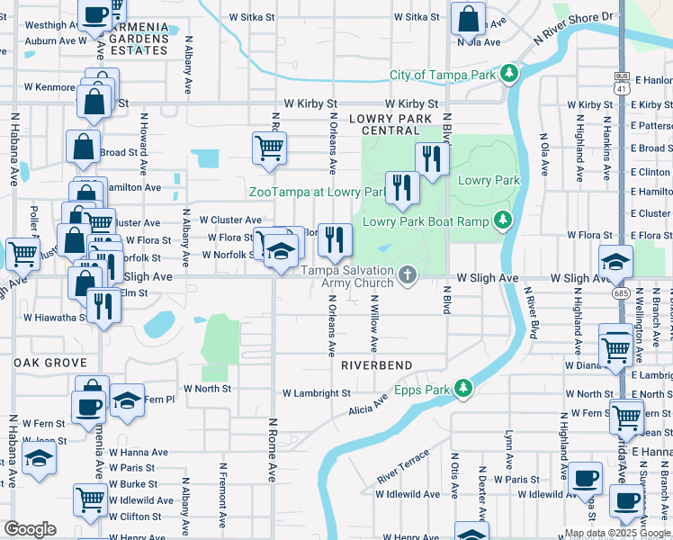 map of restaurants, bars, coffee shops, grocery stores, and more near 6905 North Orleans Avenue in Tampa