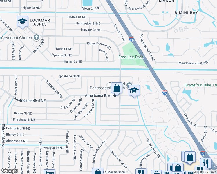 map of restaurants, bars, coffee shops, grocery stores, and more near 565 Empire Avenue Northeast in Palm Bay