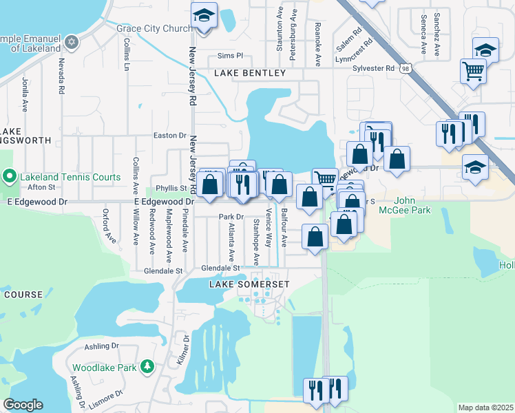 map of restaurants, bars, coffee shops, grocery stores, and more near 1815 East Edgewood Drive in Lakeland