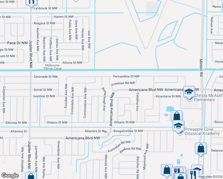 map of restaurants, bars, coffee shops, grocery stores, and more near 514 Justine Avenue Northwest in Palm Bay