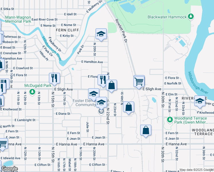 map of restaurants, bars, coffee shops, grocery stores, and more near 6910 North 22nd Street in Tampa