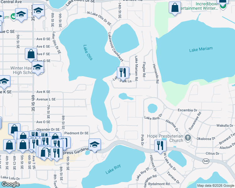 map of restaurants, bars, coffee shops, grocery stores, and more near 1160 Interlochen Boulevard in Winter Haven