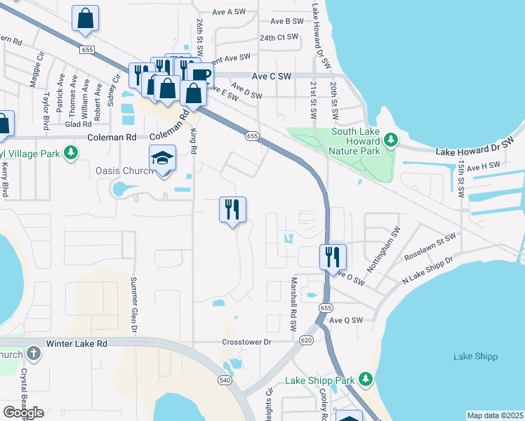 map of restaurants, bars, coffee shops, grocery stores, and more near 1066 Sunshine Way Southwest in Winter Haven