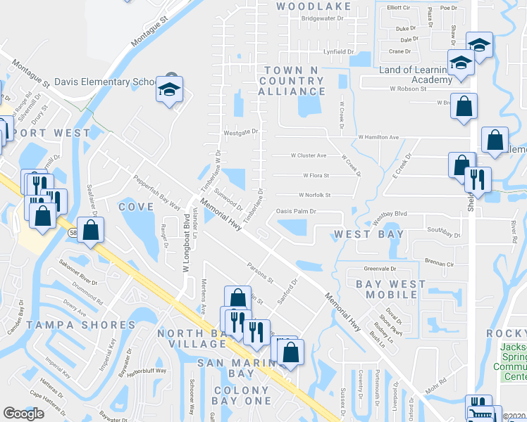 map of restaurants, bars, coffee shops, grocery stores, and more near 10102 Bay Wind Court in Tampa