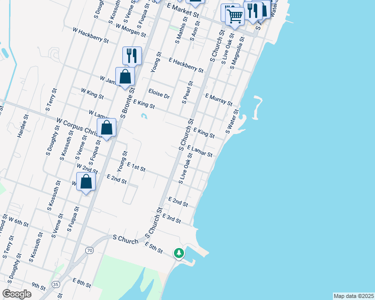 map of restaurants, bars, coffee shops, grocery stores, and more near 1303 South Live Oak Street in Rockport