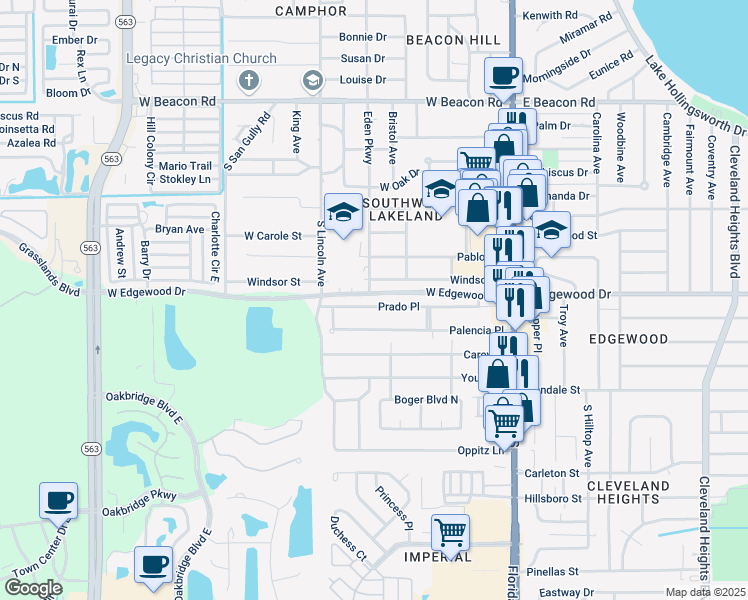map of restaurants, bars, coffee shops, grocery stores, and more near 549 Prado Place in Lakeland