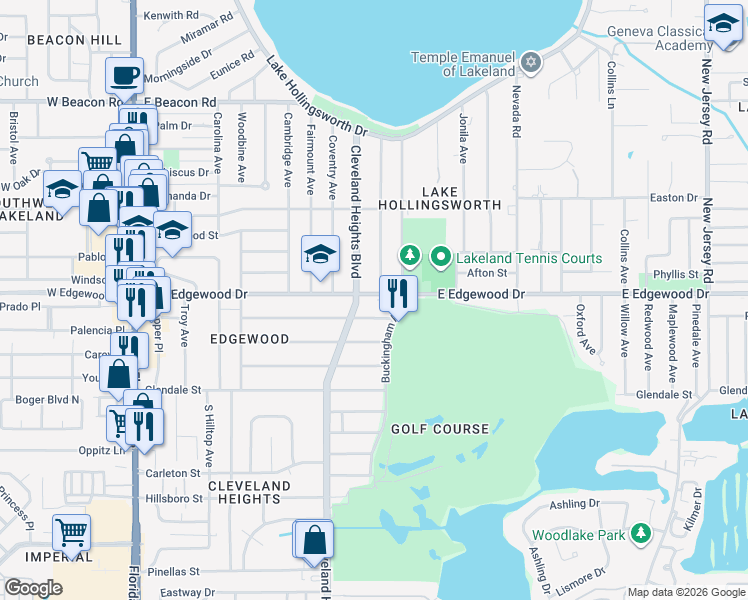 map of restaurants, bars, coffee shops, grocery stores, and more near 845 East Edgewood Drive in Lakeland