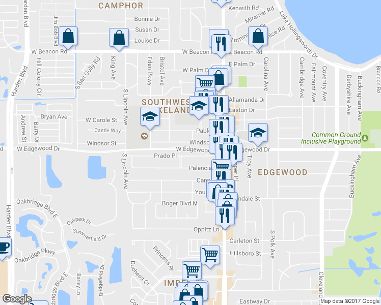 map of restaurants, bars, coffee shops, grocery stores, and more near 407 Prado Place in Lakeland