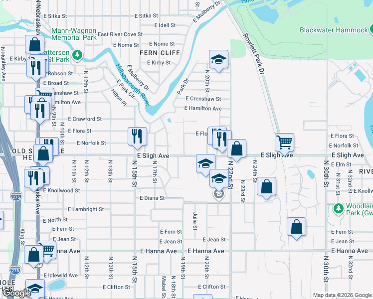 map of restaurants, bars, coffee shops, grocery stores, and more near 6903 North 19th Street in Tampa