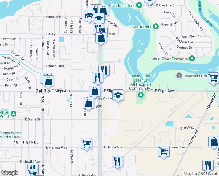 map of restaurants, bars, coffee shops, grocery stores, and more near 6901 Bonair Drive in Tampa