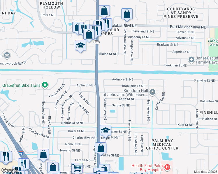 map of restaurants, bars, coffee shops, grocery stores, and more near 1726 Brookside Street Northeast in Palm Bay