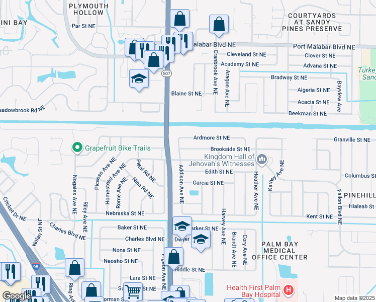 map of restaurants, bars, coffee shops, grocery stores, and more near 1726 Brookside Street Northeast in Palm Bay