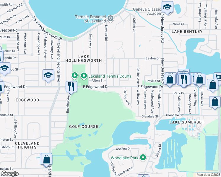 map of restaurants, bars, coffee shops, grocery stores, and more near 1215 East Edgewood Drive in Lakeland