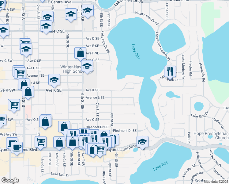 map of restaurants, bars, coffee shops, grocery stores, and more near 1 Brogden Court Southeast in Winter Haven