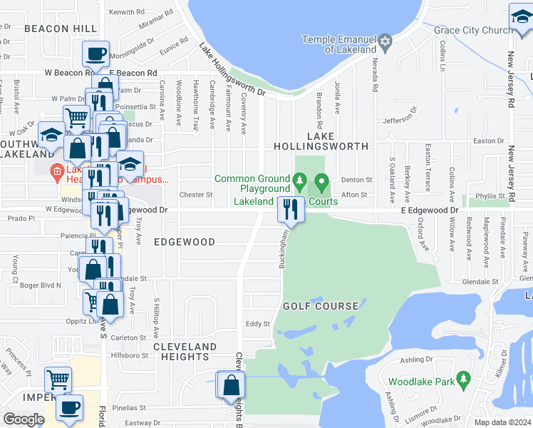 map of restaurants, bars, coffee shops, grocery stores, and more near 837 East Edgewood Drive in Lakeland