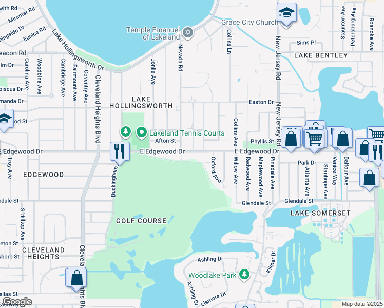 map of restaurants, bars, coffee shops, grocery stores, and more near 1237 East Edgewood Drive in Lakeland